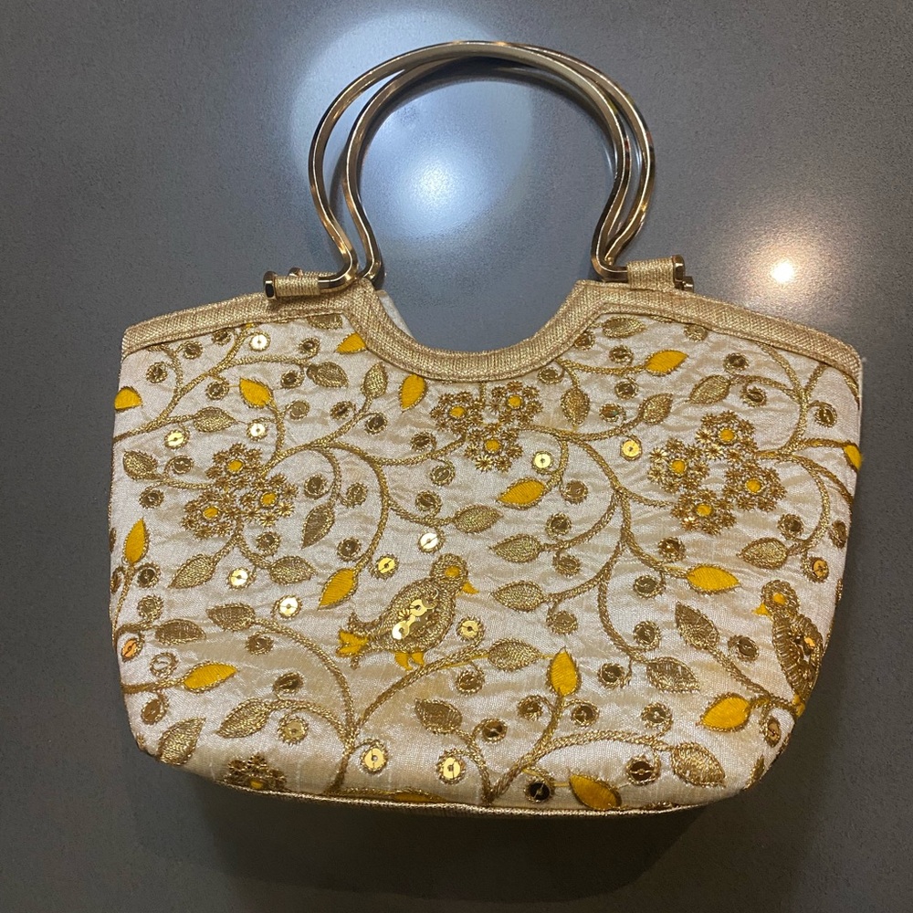 Elegant Cream, Gold and Yellow Embroidered Beaded Handbag